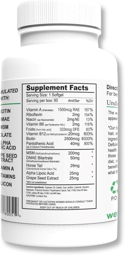 Wellgenix Purvana Hair, Skin, and Nails - One a Day Softgel - 2500mcg Biotin, DMAE, MSM, Horsetail, Grape Seed Extract - Anti Aging, PCOS & Postpartum Hair Growth, Strong Nails (90 Count)