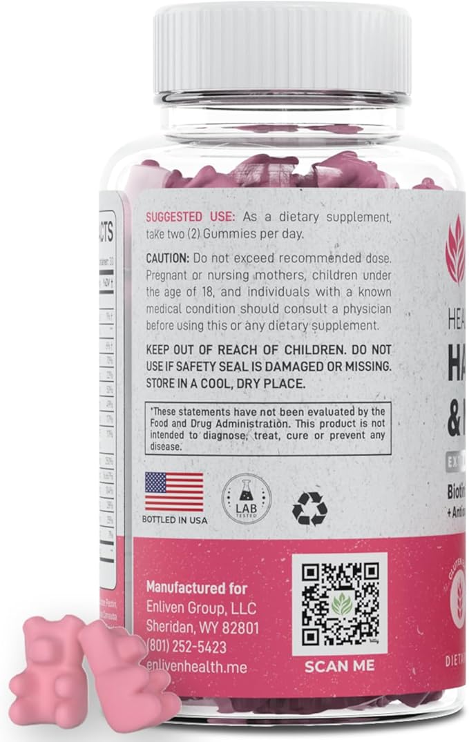 enliven Biotin Hair Skin and Nail Vitamins | Biotin Gummies 5000mcg + for Hair Growth, Skin Care, and Stronger Nails | Berry Flavor (60 Gummies)