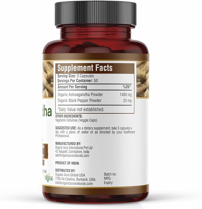 Ashwagandha with Pepper Capsules 1500mg -150 Veg Capsules. Non GMO - Gluten Free.