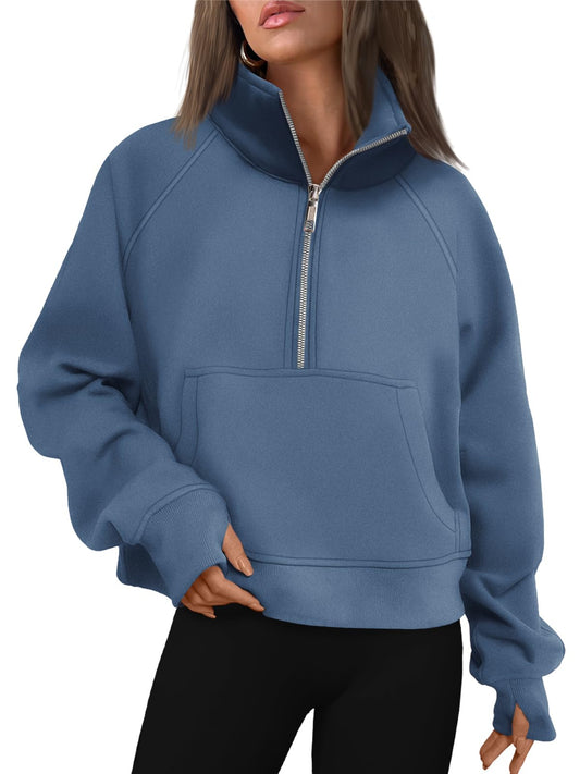 AUTOMET Womens Sweatshirts Half Zip Cropped Pullover Fleece Quarter Zipper Hoodies 2024 Fall Fashion Outfits Clothes Thumb Hole Blue