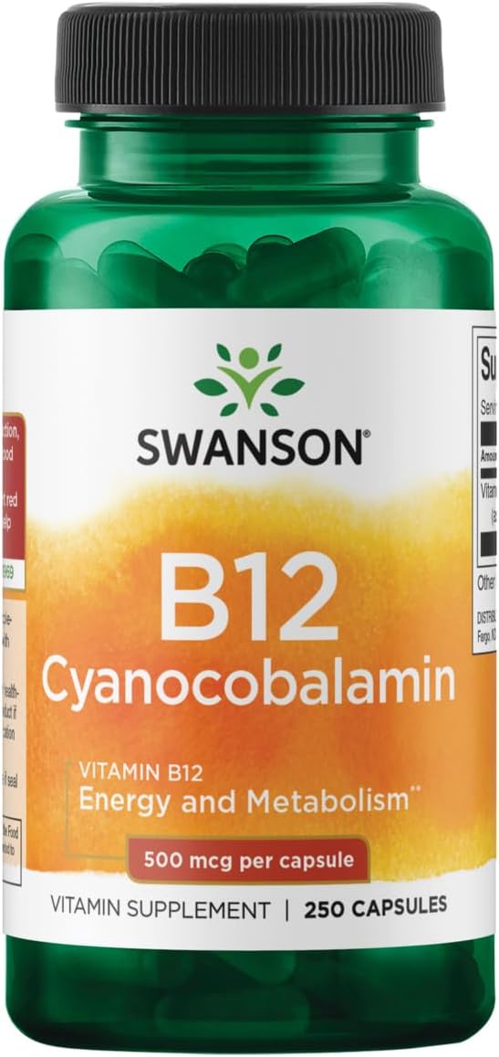 Swanson Vitamin B12 (Cyanocobalamin) - Vitamin Supplement Promoting Energy Metabolism, Nervous System Health & Heart Support - Supports Red Blood Cell Formation (250 Capsules, 500mcg Each)