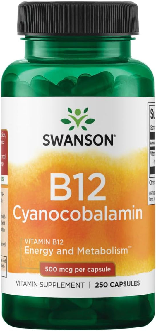 Swanson Vitamin B12 (Cyanocobalamin) - Vitamin Supplement Promoting Energy Metabolism, Nervous System Health & Heart Support - Supports Red Blood Cell Formation (250 Capsules, 500mcg Each)