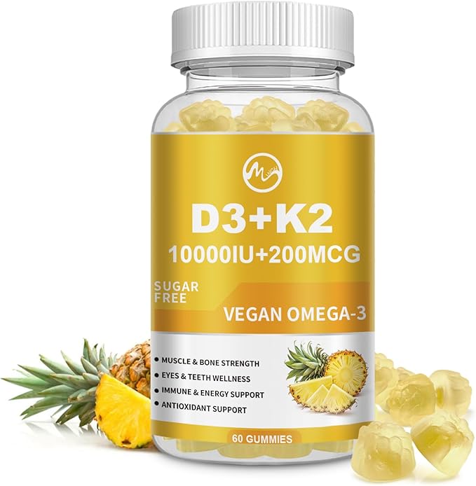 Vitamin D3 K2 Filled Gummies, Vitamin D3 10000IU, K2 (MK-7) 200mcg, Sugar Free K2 D3 Vitamin Supplement with Omega-3, Calcium, Magnesium, Zinc for Muscle, Bones & Immune Support, 1 Pack