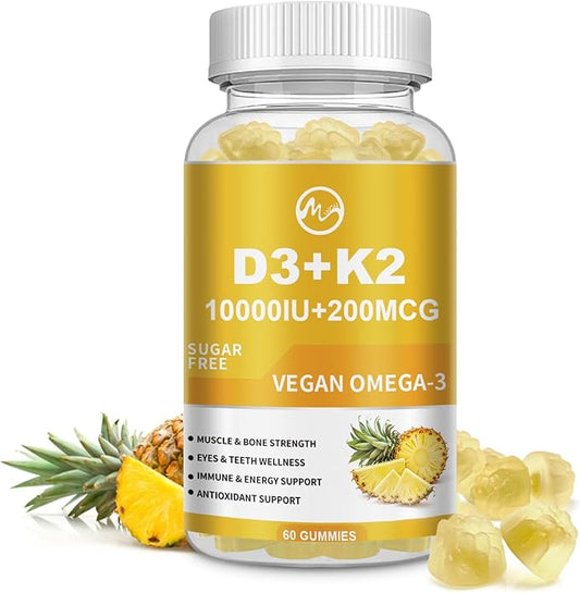 Vitamin D3 K2 Filled Gummies, Vitamin D3 10000IU, K2 (MK-7) 200mcg, Sugar Free K2 D3 Vitamin Supplement with Omega-3, Calcium, Magnesium, Zinc for Muscle, Bones & Immune Support, 1 Pack