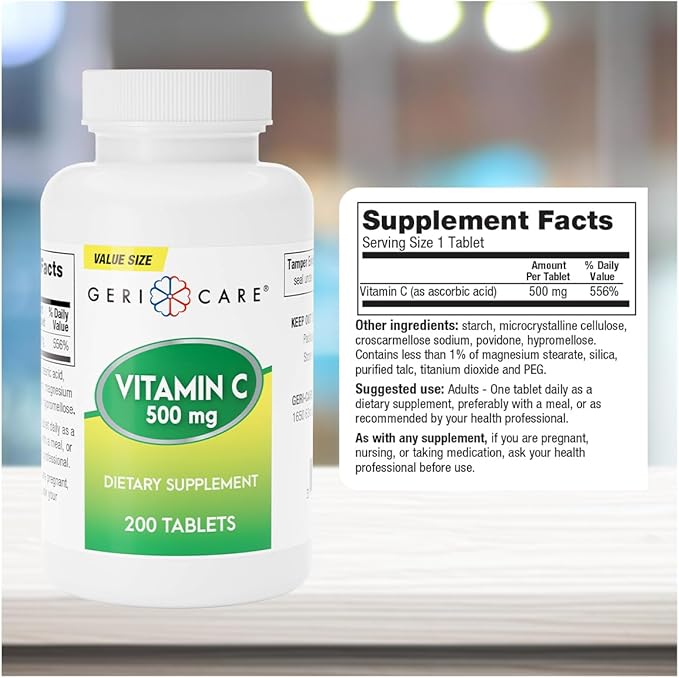 GeriCare Vitamin C 500 mg Antioxidant, Immune System Support, Nutritional Supplement Tablets, 200 Count (Pack of 1)