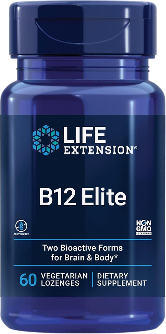 Life Extension B12 Elite, adenosylcobalamin, methylcobalamin, Two Active Forms for Brain Health & Dopamine Production, Non-GMO, Gluten-Free, Vegetarian, 60 lozenges