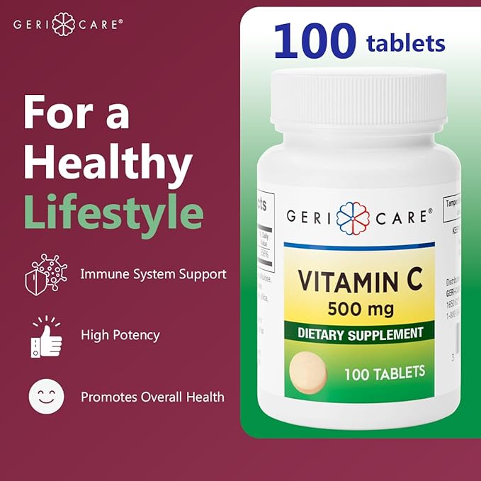 GeriCare Vitamin C 500 mg, Antioxidant, Immune System Support, Nutritional Supplement Tablets, 100 Count (Pack of 1)
