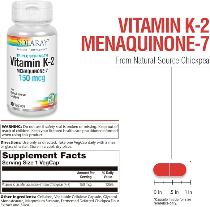 SOLARAY Triple Strength Vitamin K-2 as MK-7, 150 mcg | Heart & Bone Health, Vascular Function Support | 30ct