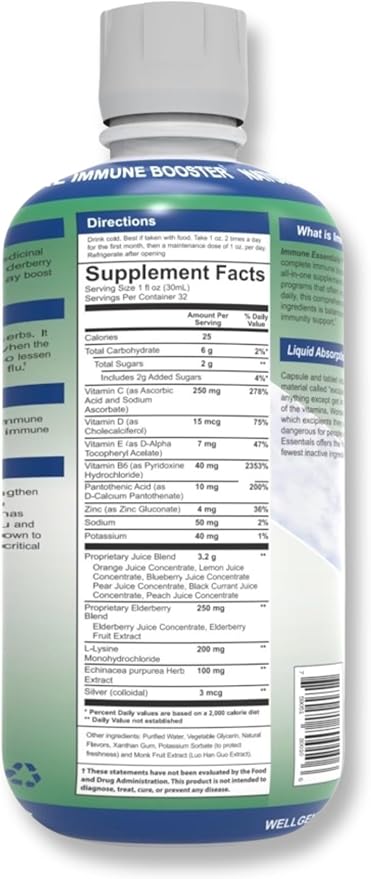 Wellgenix Immune Essentials - Multivitamin Liquid for Men, Women & Kids - Vegan Supplement with Vitamins C, D Elderberry Zinc, Echinacea for Toddler, Kid & Adult 32oz (Pack of 2)