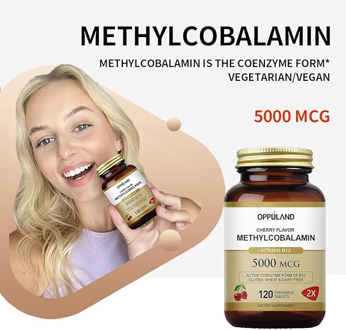 Methyl B-12 5000mcg Chewable with Folate - Vitamin B12 Methylcobalamin Sublingual Tablets - Supports Energy & Brain Function - Vegan Supplement - Cherry Flavor - 120 Count