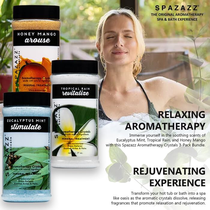 Spazazz Hot Tub Aromatherapy Bath Salt Crystals 3-Pack Bundle - Eucalyptus Mint Stimulate - Tropical Rain Revitalize - Honey Mango Arouse - Botanicals Collection Scents for Relaxing in Spas (17 oz)