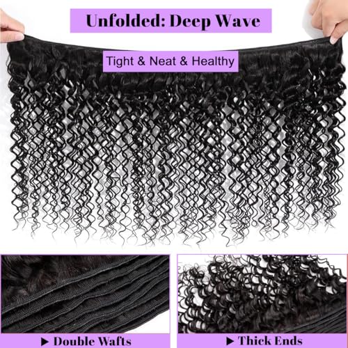Deep Wave Human Hair Bundles, 20 22 24 Inch, 100% Unprocessed Brazilian Virgin Hair, 3 Bundles, Deep Curly, Black,Sew-In Installation, Wavy Style Keep Texture Silky Soft