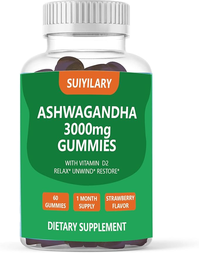 Ashwagandha Gummies 3000mg, Ashwagandha High Strength Root Extract Supplement with Vitamin D2 for Men Women, Strawberry Flavour 1 Months Supply 60 Gummies