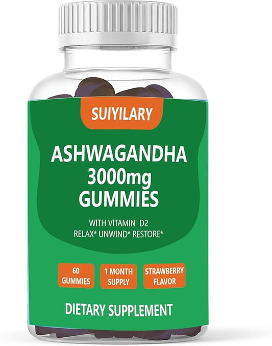 Ashwagandha Gummies 3000mg, Ashwagandha High Strength Root Extract Supplement with Vitamin D2 for Men Women, Strawberry Flavour 1 Months Supply 60 Gummies