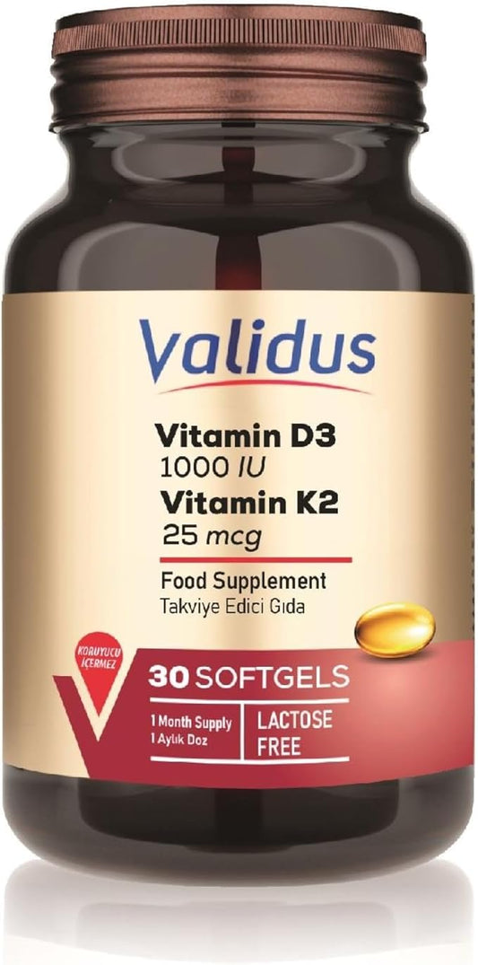 Validus Premium Formula Vitamin D3 + K2 Supplement High Potency 1000 IU D3 & 25mcg K2 - Supports Bone Health, Heart Health, Immune System, Enhanced Calcium Absorption - Non-GMO, Gluten-Free (30)
