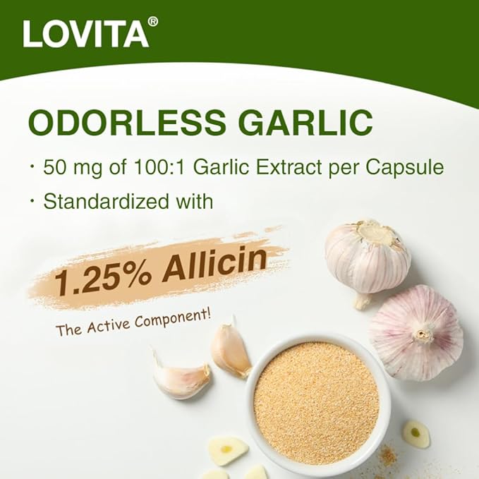 Lovita Odorless Garlic Extract | 50 mg, 100:1 High Concentrate | 1.25% Allicin | Gluten-Free | Support Immune & Cardiovascular Health | 60 Vegan Capsules (Pack of 3)