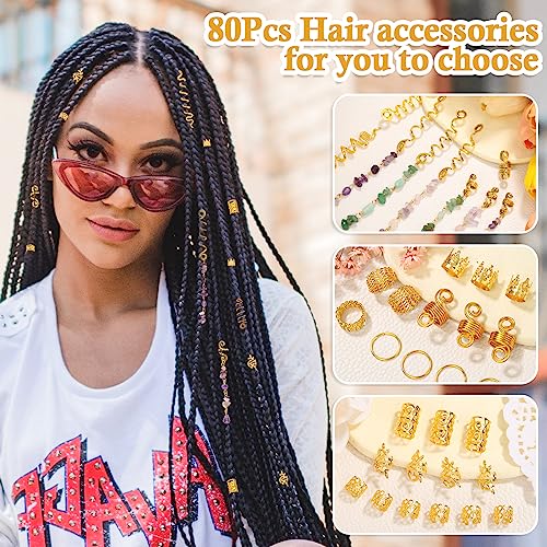 80 Pcs Natural Crystal Stone Dreadlock Accessories, Jollidecor Hair Jewelry for Braids Hair Spirals Gems Charms Adjust Gold Loc Jewelry for Hair Cuffs for Adult Women Braids Hairstyle Decoration