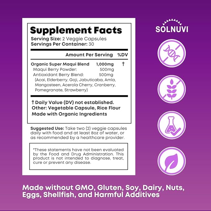 Organic Super Maqui Berry Capsules - Superfood Powder - Elderberry Extract, Cranberry, Pomegranate, Acai - Dry Eye & Tear Support, Gut Health, Skin - 60 Vegan Capsules, Non GMO, Gluten Free Supplement