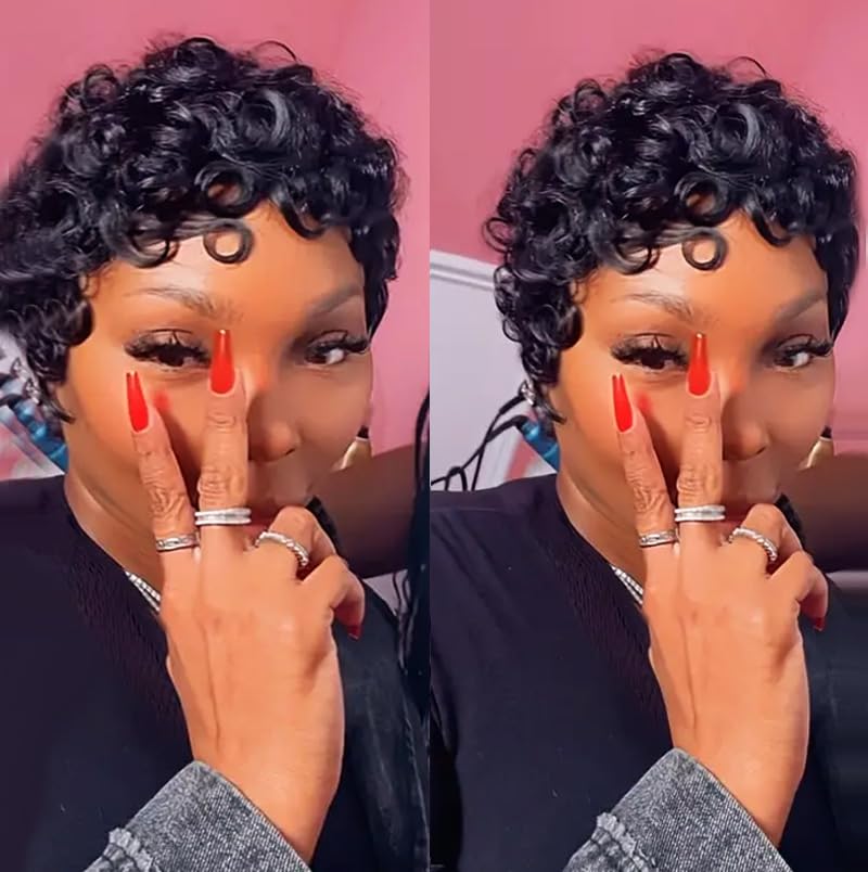 Pixie Cut Wigs for Black Women Pixie Cut Wig Human Hair Short Layered Wigs Full Machine Made Short Haircut Wig Glueless with Bangs Natural Color 1B