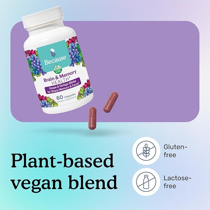 Because Brain Supplement for Memory & Focus - Proprietary Blend with Ginkgo Biloba - Supports Cognitive Function, Attention & Mental Clarity - Vegan, Gluten-Free, Non-GMO - 740mg Serving - 60 Capsules