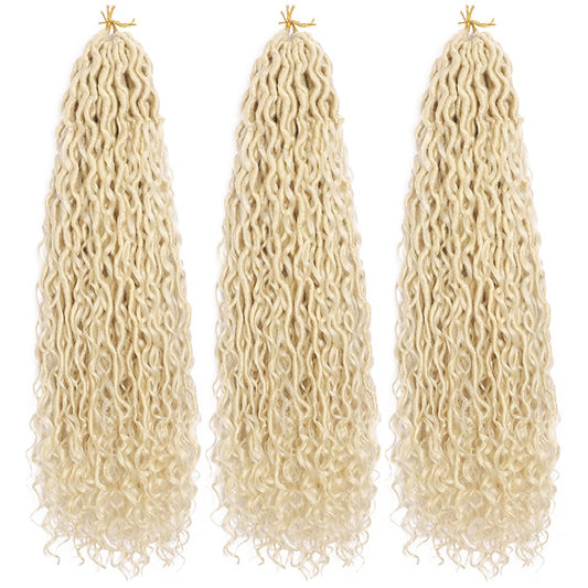 BALINGHAIR Goddess Locs Crochet Hair Beige 22 Inch 3 Packs Bohemian Faux Locs Crochet Hair With Curly Ends Pre Looped Hair Extensions 16 Roots/Pack(613#)