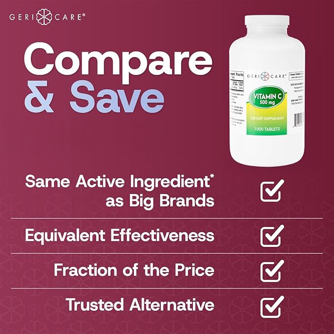 GeriCare Vitamin C 500 mg, Antioxidant, Immune System Support, Nutritional Supplement Tablets, 1000 Count (Pack of 1)