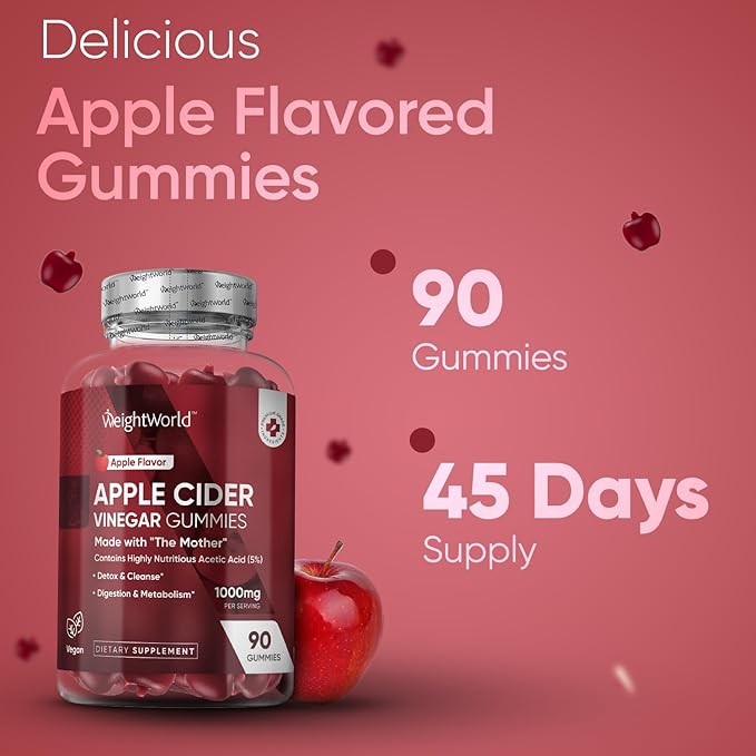 WeightWorld Apple Cider Vinegar Gummies with The Mother 1000mg - 90 Gummies - Added Vitamin B6, B12, B9 (Folic Acid) & C for Detox, Cleanse, Digestion & Metabolism - Delicious Natural Apple Flavor