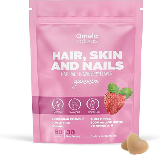 Hair, Skin and Nails Premium Gummies 60ct - Beauty Supplement with 5000mcg Biotin, Vitamins A, C, E, Zinc - Support Hair Growth, Healthy Skin & Strong Nails