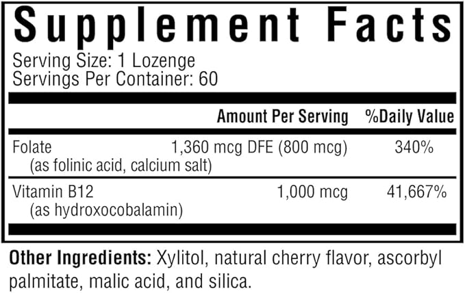 Seeking Health Hydroxo B12 with Folinic Acid, 1,000 mcg Vitamin B12 and 800 mcg DFE Folate Supplement, Supports Methylation and Homocysteine Levels, Energy Support, Vegan & Vegetarian (60 lozenges)*
