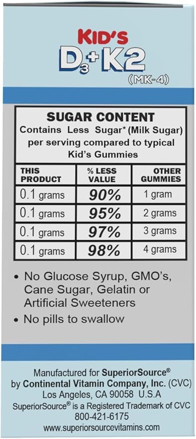 Superior Source Kid's D3 & K2 (MK-4) - Children's Multivitamin - Supports Immune System & Bone Health - Non-GMO, Preservative-Free & Dye-Free - 60 MicroLingual Instant-Dissolve Tablets