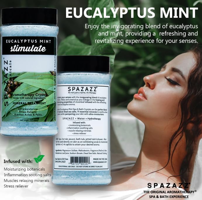 Spazazz Hot Tub Aromatherapy Bath Salt Crystals 3-Pack Bundle - Eucalyptus Mint Stimulate - Tropical Rain Revitalize - Honey Mango Arouse - Botanicals Collection Scents for Relaxing in Spas (17 oz)