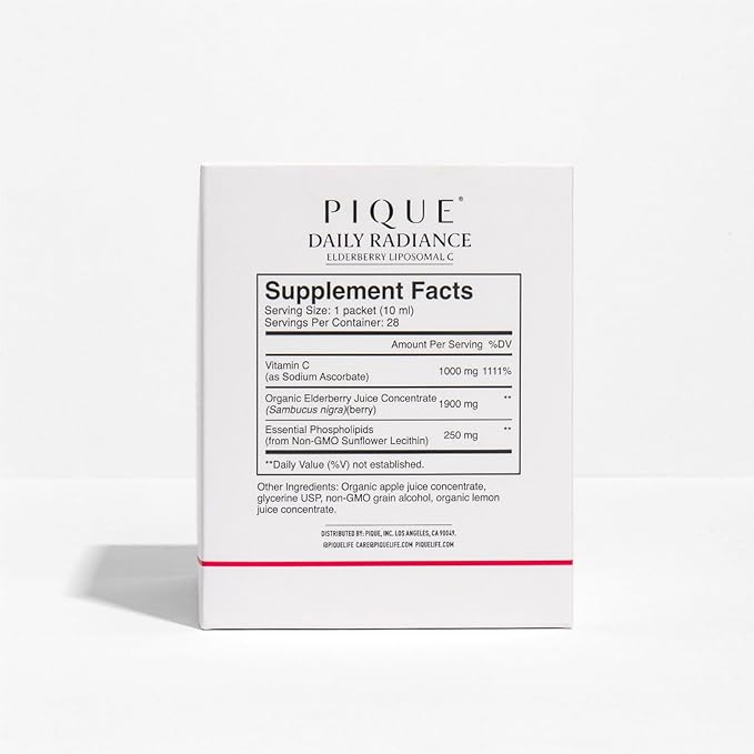 PIQUE Daily Radiance Liposomal Vitamin C for Immune Support - 1,000 mg Vitamin C & 1,900 mg Elderberry per Packet, Powerful Antioxidants for Healthy Collagen Production - 28 Packets (10mL Each)