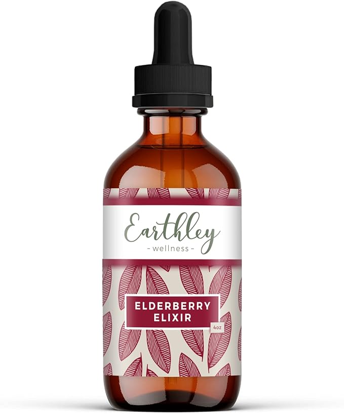 Earthley Wellness Elderberry Elixir, Powerful Immune & Respiratory Support, Herbal Elderberry Syrup Alternative, Organic, Supporting Herbs, Gluten-Free, No Added Sugars or Colors (4oz, Regular)