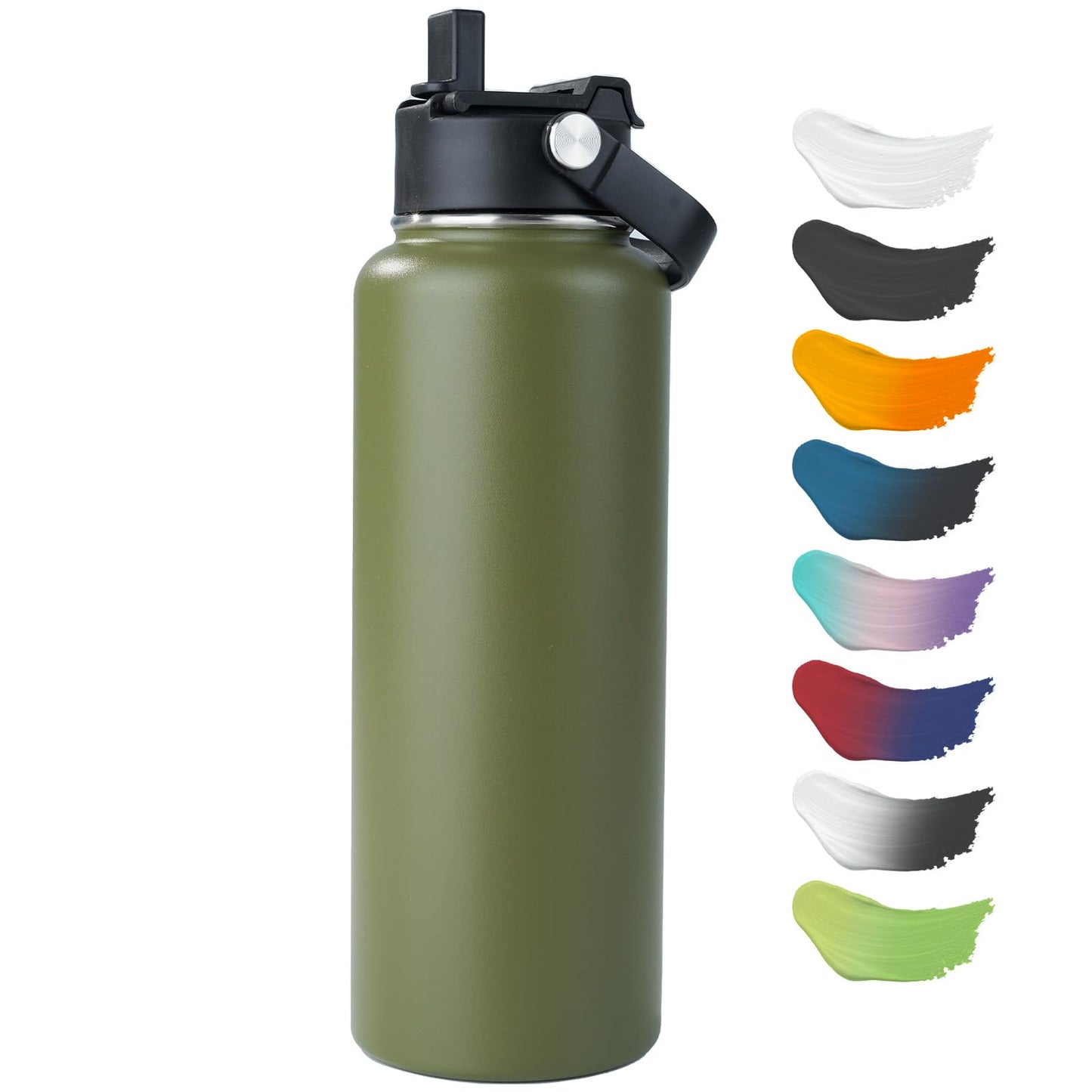 Kerilyn Stainless Steel Insulated Water Bottle, 40oz Double Wall Vacuum Insulated Water Bottle Leak Proof with Silicone Straw, Wide Mouth Lid, BPA Free, Keep Cold and Hot, 40oz, Army Green