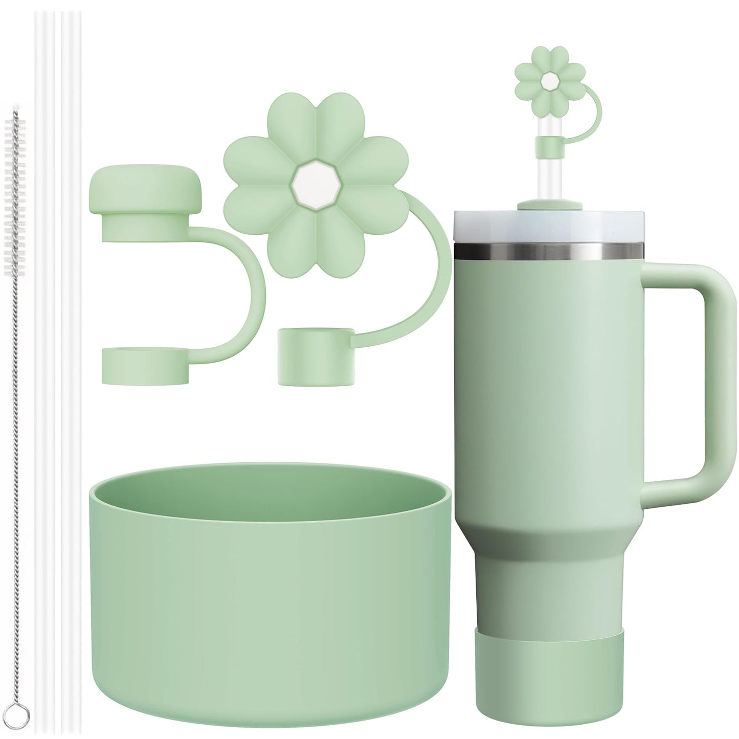 6 Pcs Accessories for Stanley Cup 20-40oz,2 Straw Covers,2 Replacement Straws,1 Straw Brush,1 Boot Included, SIlicone Straw Cover Caps Topper (Matcha Cream)