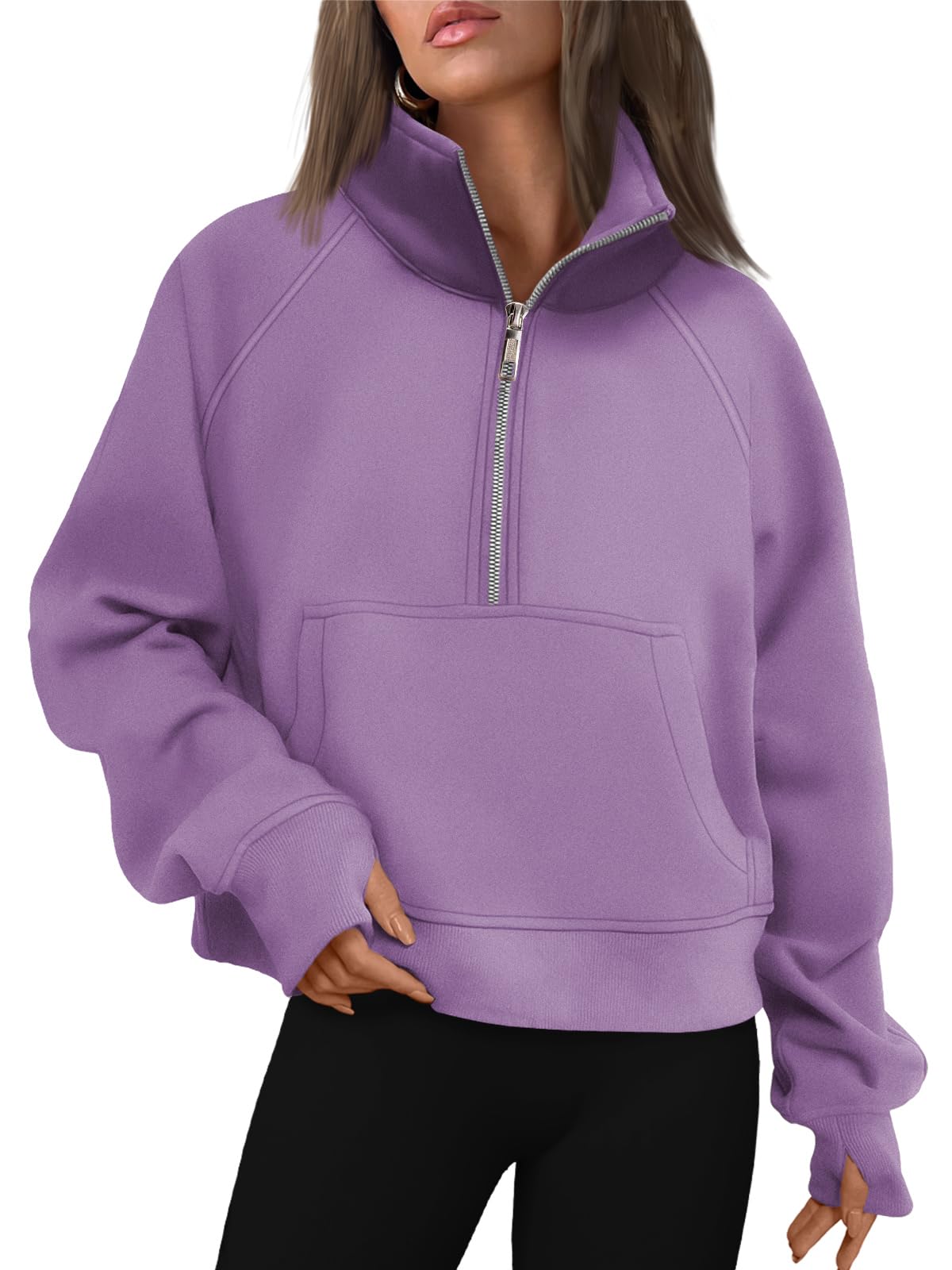 AUTOMET Womens Sweatshirts Half Zip Cropped Pullover Fleece Quarter Zipper Hoodies 2024 Fall Fashion Outfits Clothes Thumb Hole Purple
