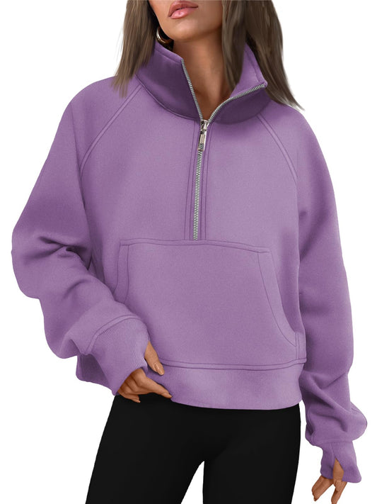 AUTOMET Womens Sweatshirts Half Zip Cropped Pullover Fleece Quarter Zipper Hoodies 2024 Fall Fashion Outfits Clothes Thumb Hole Purple