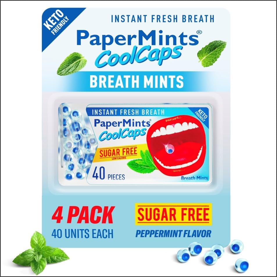 PaperMints CoolCaps - Instant Fresh Breath Mints Sugar-Free 4 Pack - 160 capsules. Chronic Bad Breath Treatment for Adults, Peppermint Fresh Breath Freshener Pearls Halitosis Treatment Dry Mouth