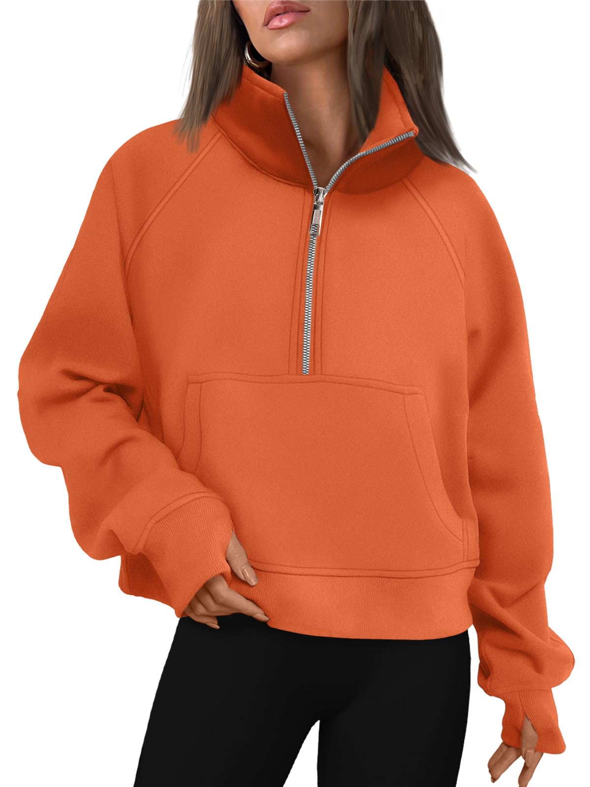 AUTOMET Womens Sweatshirts Half Zip Cropped Pullover Fleece Quarter Zipper Hoodies 2024 Fall Fashion Outfits Clothes Thumb Hole Orange