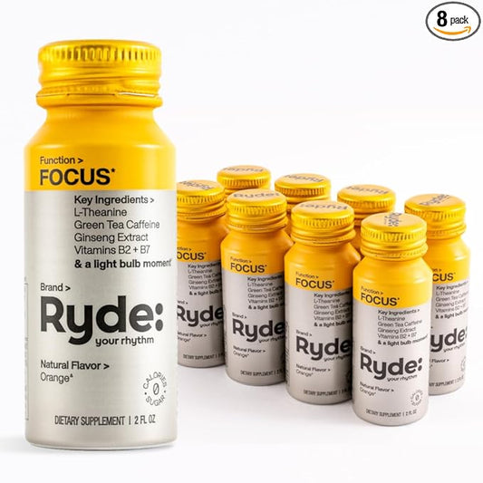 Ryde: Focus Shot | Orange Flavor | L-Theanine & Ginseng | Green Tea Caffeine | Vitamins B2 & B7 | 0 Calories, 0 Sugar | 2 FL OZ Shots | Supports Focus* (8 Pack)