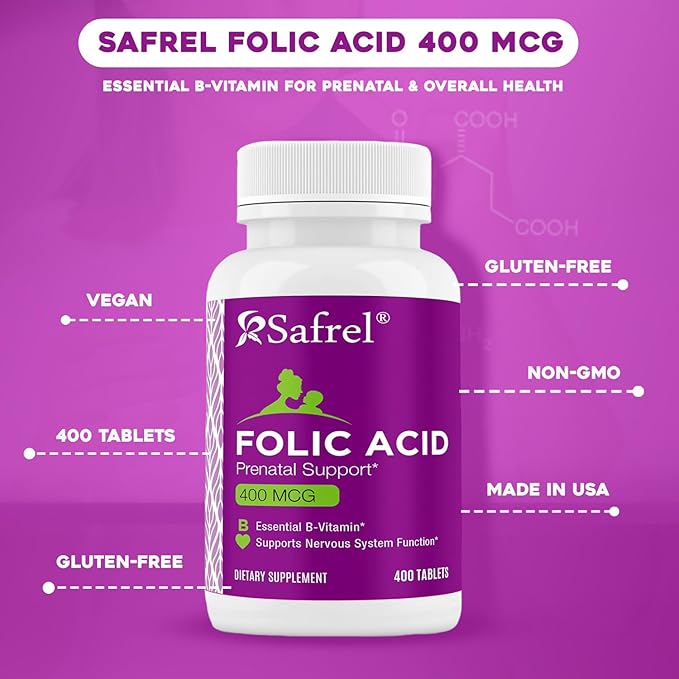 Safrel Folic Acid 400 mcg - Vitamin B9-400 Tablets, Essential Prenatal and Postnatal Vitamin for Fetal Development, Red Blood Cell Production, Cell and Neural Development | Non-GMO, Vegan