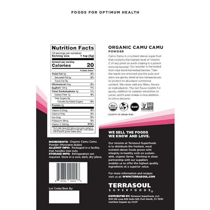Terrasoul Superfoods Organic Camu Camu Powder, 3.5 Oz, Amazonian Superfruit for Immune Support, Smoothie Boost, and Vitamin C Antioxidant-Rich Recipes