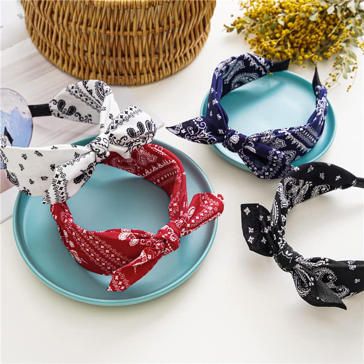 Paisley Print Wide Bow Headbands for Women Bandana Rabbit ear Elastic Hairband Cute Knot Headbands Hair Accessories (Style 1: (Red, white, Navy, black)