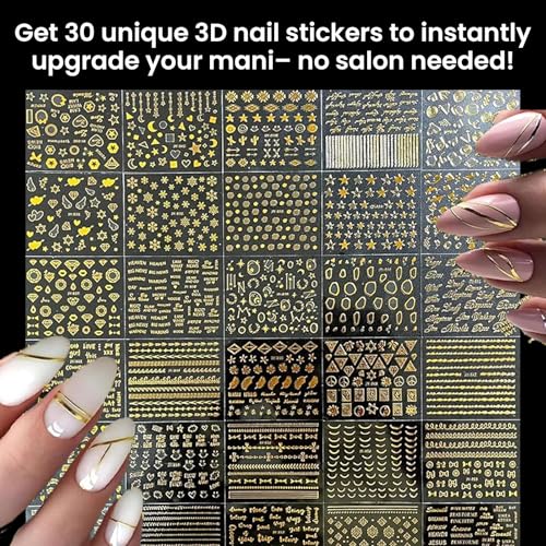 6 Boxs of Nail Charms Rhinestones Kit with 30 Sheets of Nail Art Gold Stickers Gold Sliver Nail Beads Pearls Gems with 1 Heart Nail Embossed Molds, 1 Tweezers and 1 Wax Pen for Nail Supplies