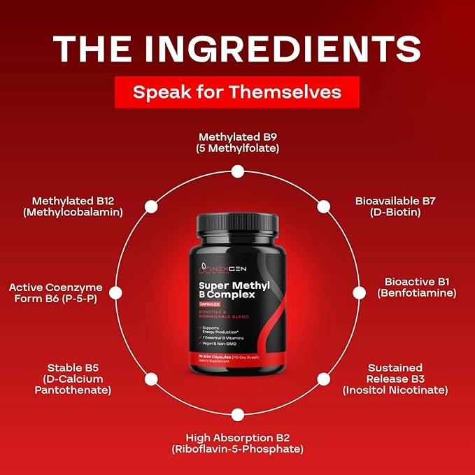 Methylated B Complex Vitamin Supplement - Bioactive Methyl B Complex with 5-MTHF Methyl Folate & B12 Methylcobalamin for Brain Heart Energy & Homocysteine Support - Super Vitamin B Complex - 90 Caps