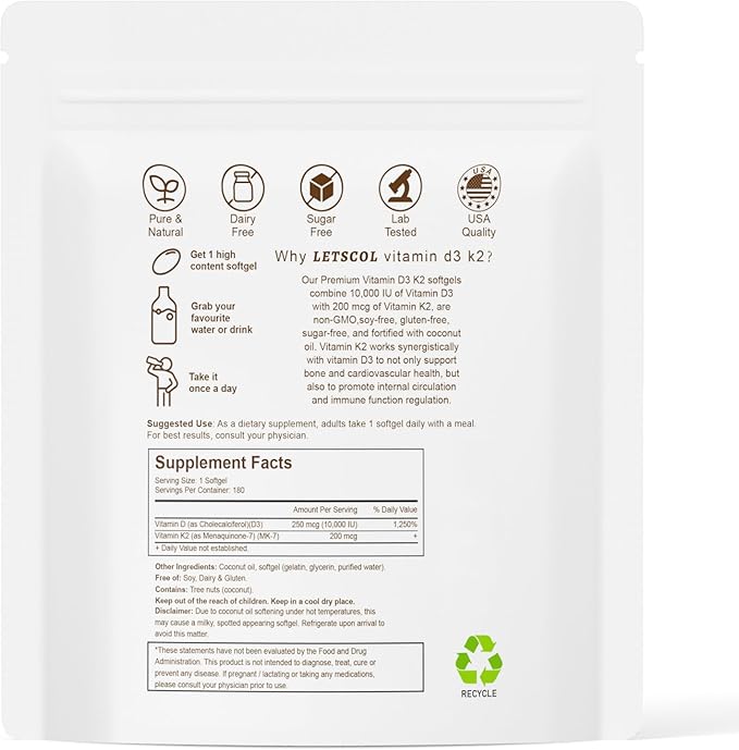 2-in-1 Vitamin D3 K2 Supplement Softgel, Vitamin D3 10000 IU and Vitamin K2 200 mcg, K2 MK7 with D3 Vitamin Supplement Support Immune, Heart, Joint, Teeth & Bone Health