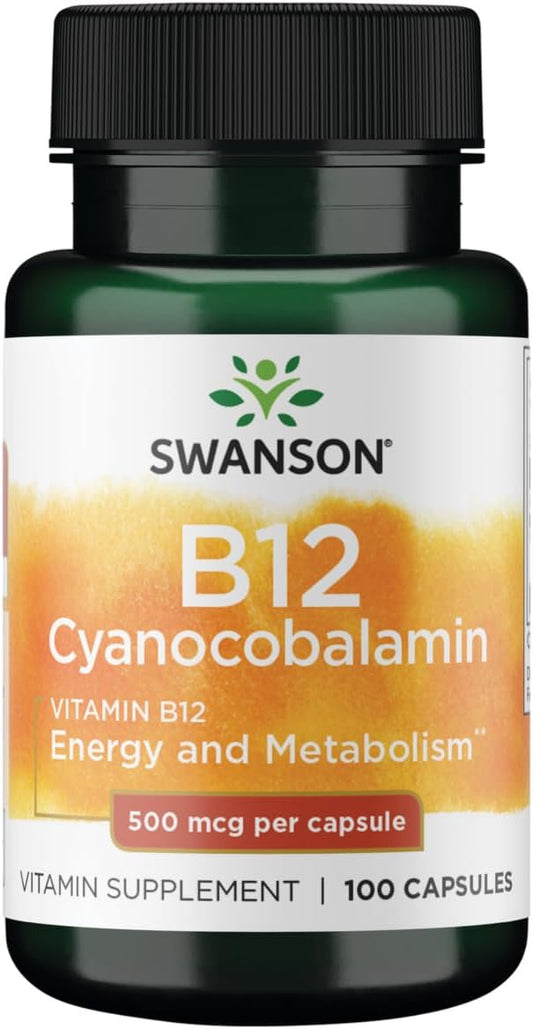 Swanson Vitamin B-12 (Cyanocobalamin) Energy Cardivascular Health Support 500 mcg 100 Capsules
