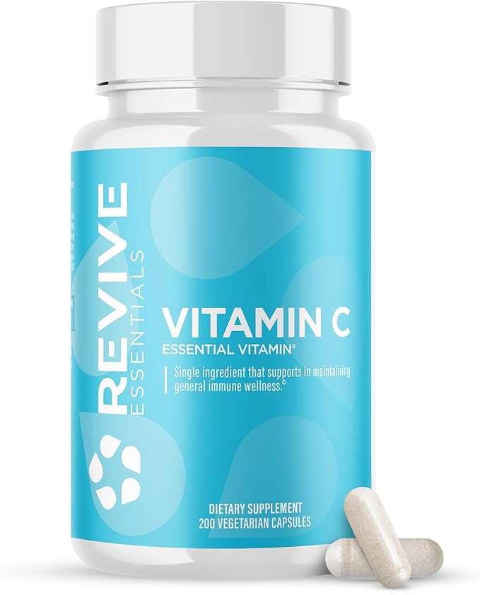 Revive MD Vitamin C Capsules, 1000mg - High-Potency VIT C Ascorbic Acid Dietary Supplement for Immune Support & Antioxidant Health - No Fillers & Non-GMO - 200 Vegetarian Capsules