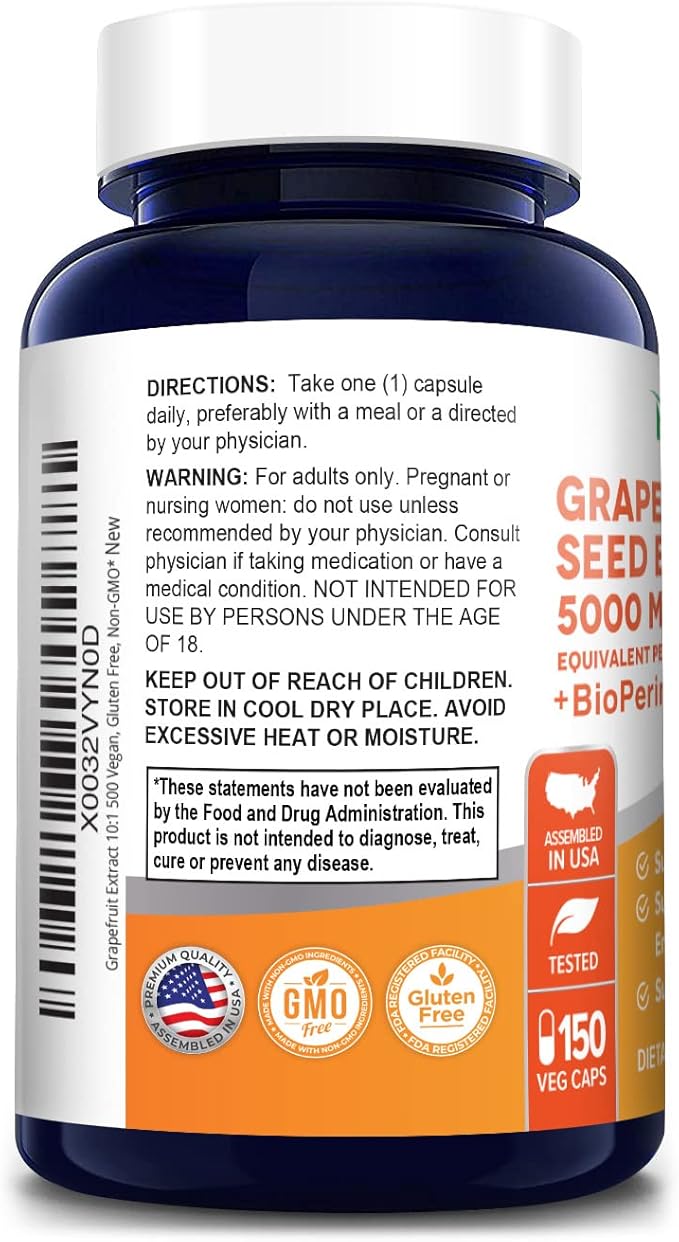 NusaPure Grapefruit Extract 5,000 mg per Capsule (Extract 10:1) Bioperine 150 Veggie caps (Vegan, Gluten Free, Non-GMO)
