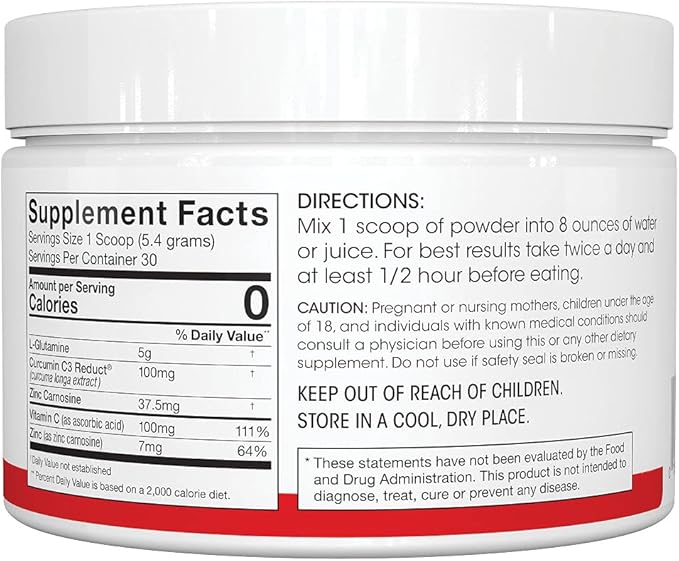 Silver Fern Gut Repair - Digestive Health Supplement Powder - L-Glutamine, Curcumin, Zinc & Ascorbic Acid (1 Tub - 30 Servings)